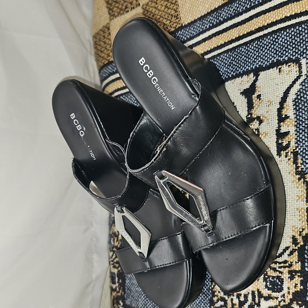 BCBG generation wedge sandals black faux leather silver logo hardware